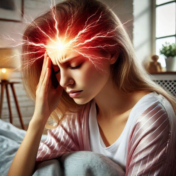 figurative image of a woman with an energy pulse radiating from her migraine - indicative of the pain from a migraine